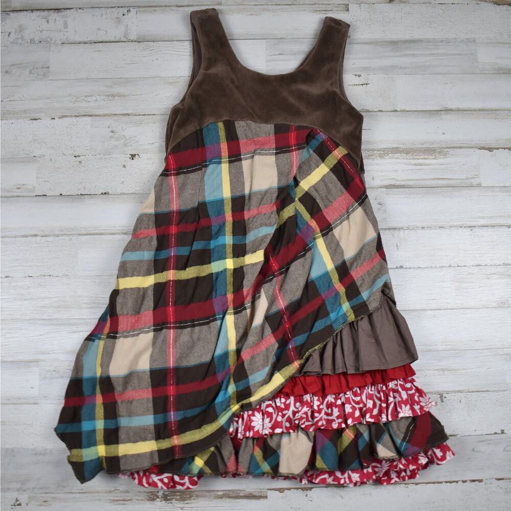 Elaine et Lena Girl's 6 Velour Plaid Dress Brown Red Boho Western Cottagecore